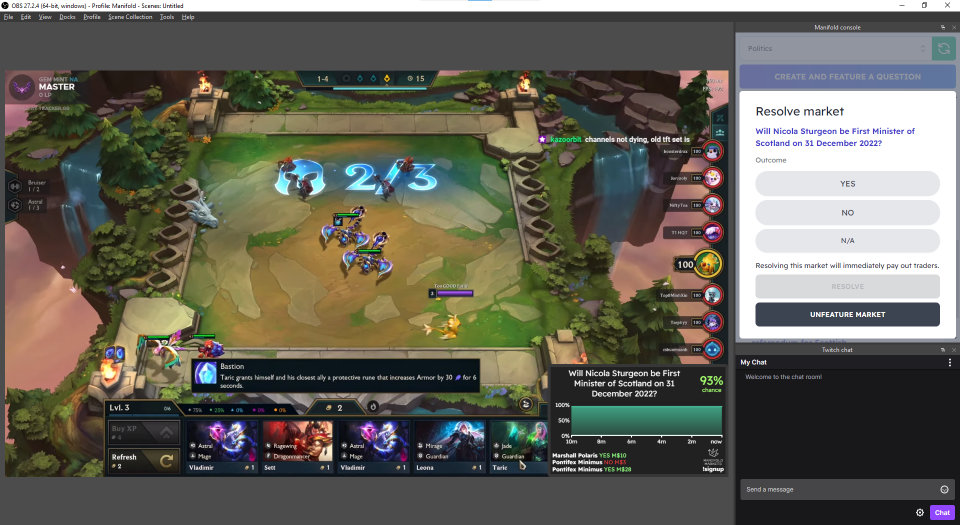 screenshot of a stream with a game on the right and Manifold console on the right above chat. The console says "Resolve market", the market name, YES NO N/A buttons, a resolve button, and an unfeature market button.